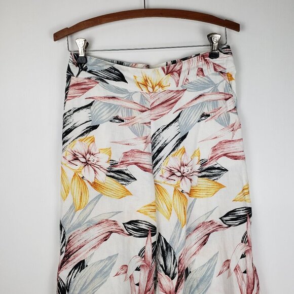 C&C California Wide Leg Linen Pull On Cropped Pants White Tropical Floral Size S - Picture 3 of 7